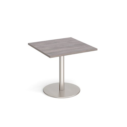 Monza square dining table with flat round brushed steel base 800mm - grey oak
