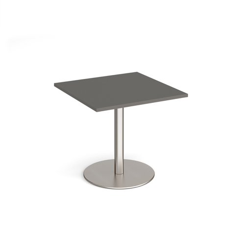 Monza square dining table with flat round brushed steel base 800mm - Onyx Grey