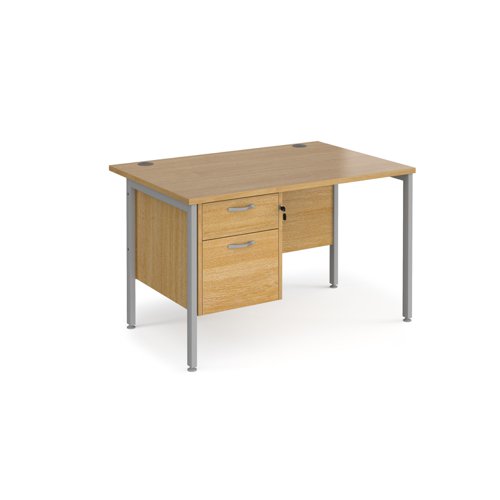 Maestro 25 straight desk 1200mm x 800mm with 2 drawer pedestal - silver H-frame leg, oak top