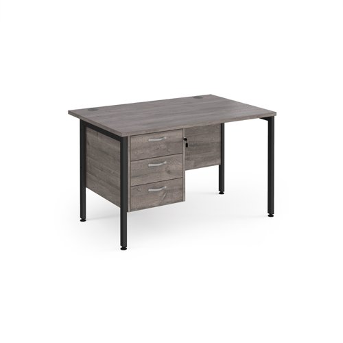 Maestro 25 straight desk 1200mm x 800mm with 3 drawer pedestal - black H-frame leg, grey oak top
