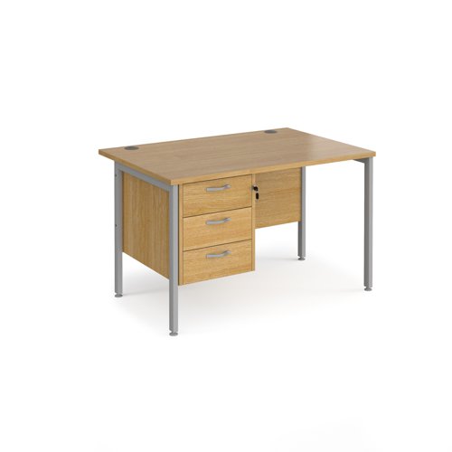 Maestro 25 straight desk 1200mm x 800mm with 3 drawer pedestal - silver H-frame leg, oak top