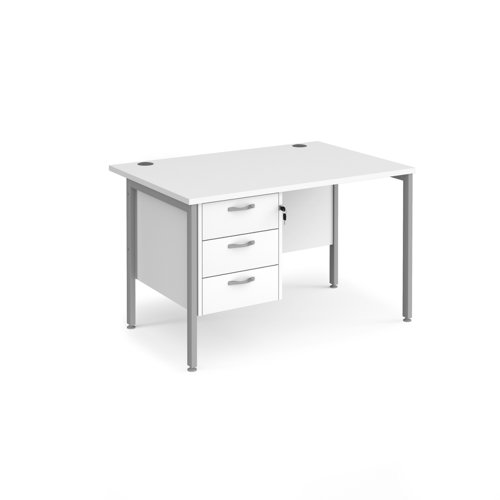 Maestro 25 straight desk 1200mm x 800mm with 3 drawer pedestal - silver H-frame leg, white top