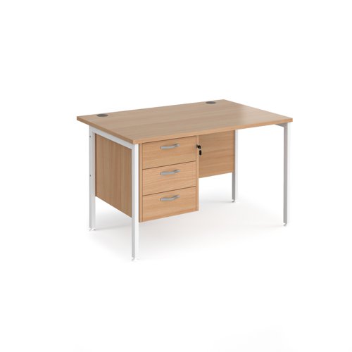 Maestro 25 straight desk 1200mm x 800mm with 3 drawer pedestal - white H-frame leg, beech top