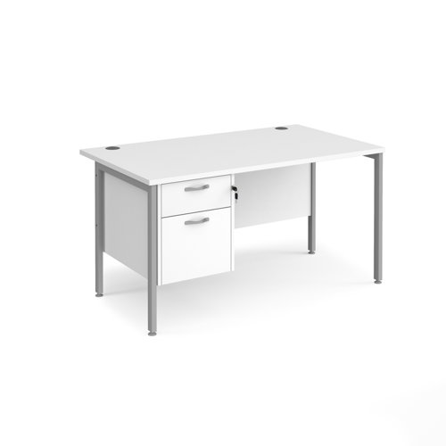 Maestro 25 straight desk 1400mm x 800mm with 2 drawer pedestal - silver H-frame leg, white top