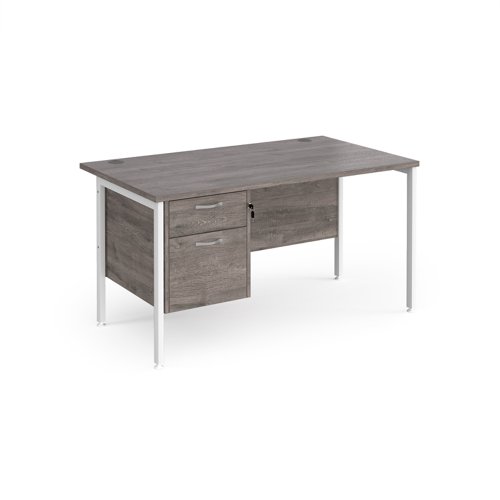 Maestro 25 straight desk 1400mm x 800mm with 2 drawer pedestal - white H-frame leg, grey oak top