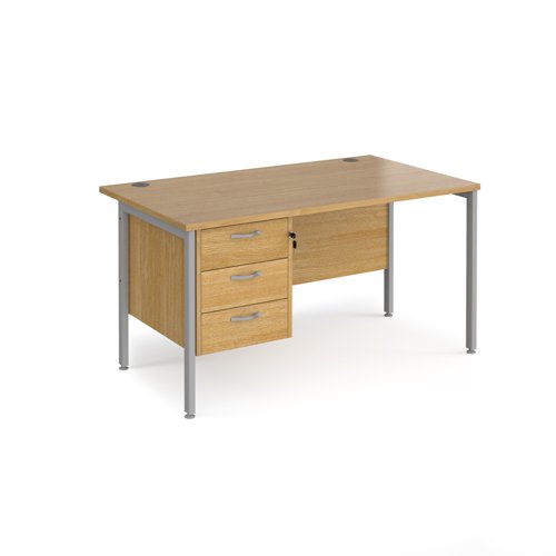Maestro 25 straight desk 1400mm x 800mm with 3 drawer pedestal - silver H-frame leg, oak top