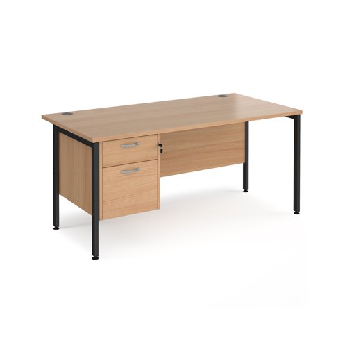 Maestro 25 straight desk 1600mm x 800mm with 2 drawer pedestal - black H-frame leg, beech top