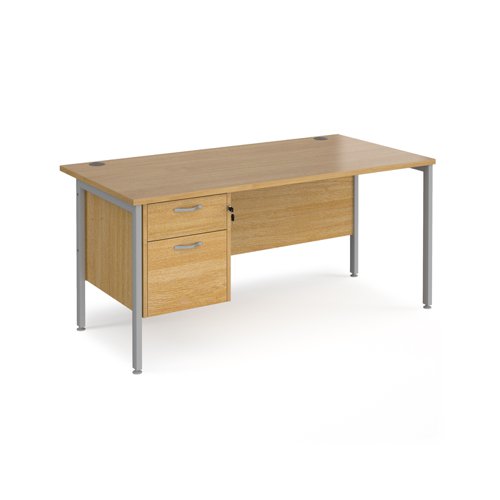 Maestro 25 straight desk 1600mm x 800mm with 2 drawer pedestal - silver H-frame leg, oak top
