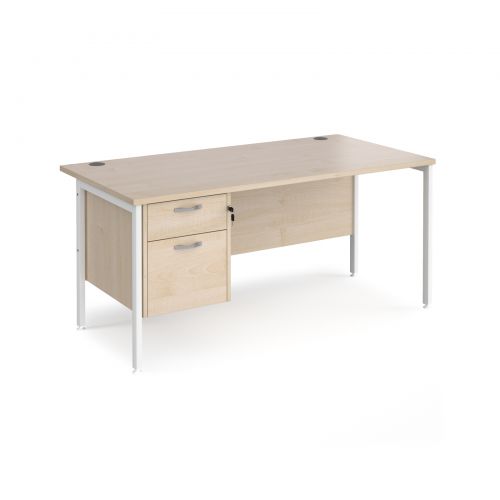 Maestro 25 straight desk 1600mm x 800mm with 2 drawer pedestal - white H-frame leg and maple top