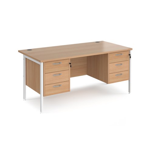 Maestro 25 straight desk 1600mm x 800mm with two x 3 drawer pedestals - white H-frame leg, beech top