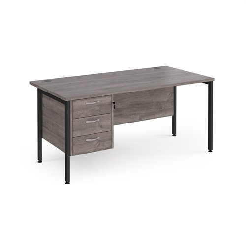 Maestro 25 straight desk 1600mm x 800mm with 3 drawer pedestal - black H-frame leg, grey oak top