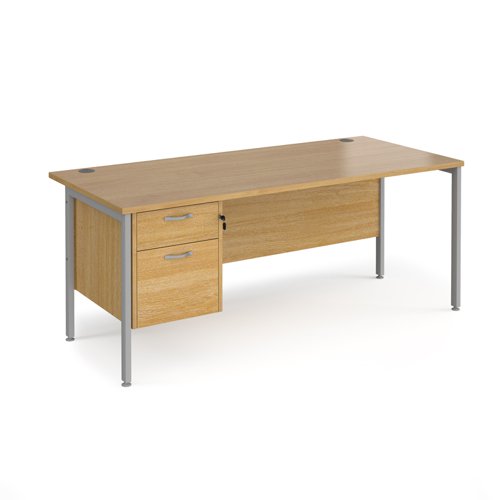 Maestro 25 straight desk 1800mm x 800mm with 2 drawer pedestal - silver H-frame leg, oak top