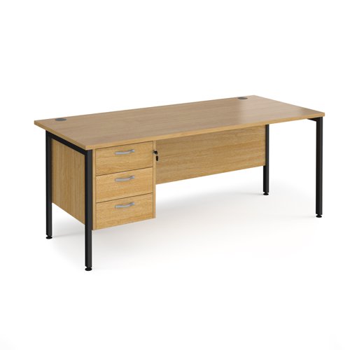 Maestro 25 straight desk 1800mm x 800mm with 3 drawer pedestal - black H-frame leg, oak top