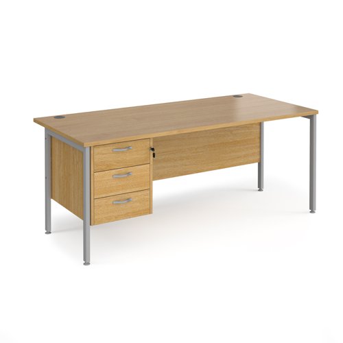 Maestro 25 straight desk 1800mm x 800mm with 3 drawer pedestal - silver H-frame leg, oak top