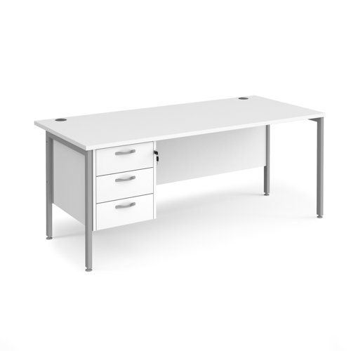 Maestro 25 straight desk 1800mm x 800mm with 3 drawer pedestal - silver H-frame leg, white top