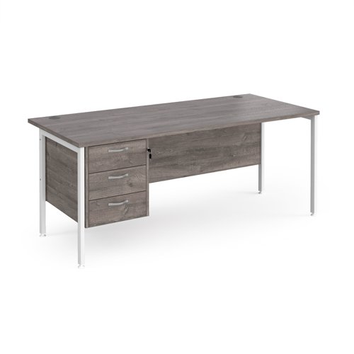 Maestro 25 straight desk 1800mm x 800mm with 3 drawer pedestal - white H-frame leg, grey oak top