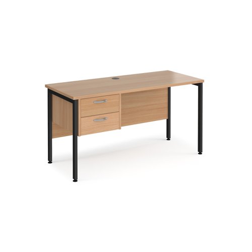 Maestro 25 straight desk 1400mm x 600mm with 2 drawer pedestal - black H-frame leg, beech top