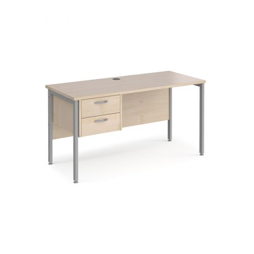Maestro 25 straight desk 1400mm x 600mm with 2 drawer pedestal - silver H-frame leg and maple top