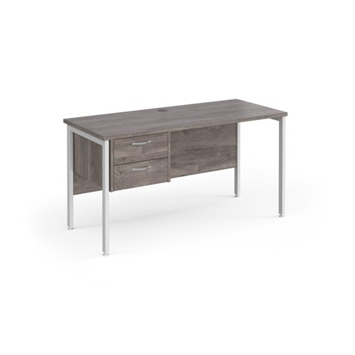 Maestro 25 straight desk 1400mm x 600mm with 2 drawer pedestal - white H-frame leg, grey oak top