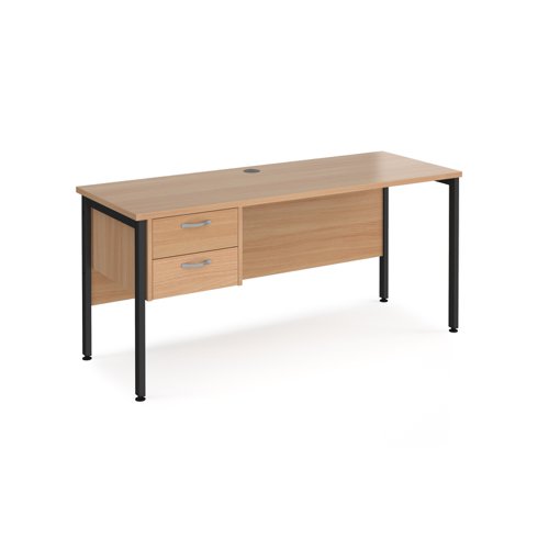 Maestro 25 straight desk 1600mm x 600mm with 2 drawer pedestal - black H-frame leg, beech top