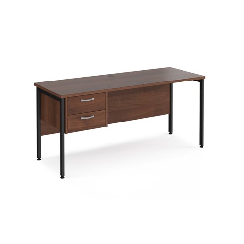 Maestro 25 straight desk 1600mm x 600mm with 2 drawer pedestal - black H-frame leg, walnut top