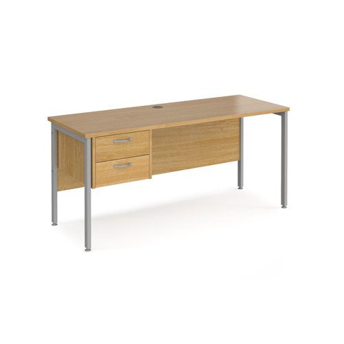 Maestro 25 straight desk 1600mm x 600mm with 2 drawer pedestal - silver H-frame leg, oak top