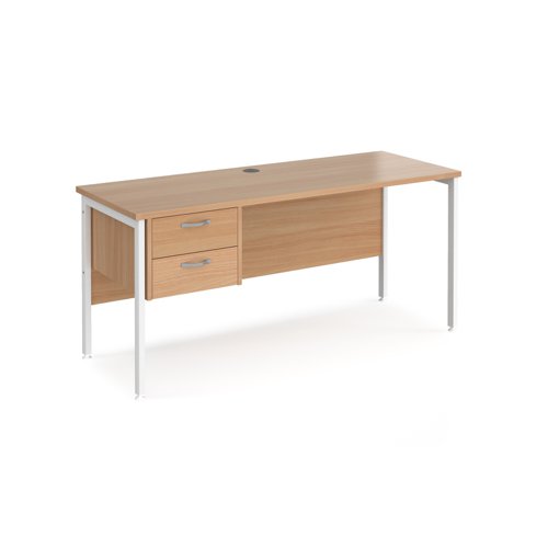 Maestro 25 straight desk 1600mm x 600mm with 2 drawer pedestal - white H-frame leg, beech top