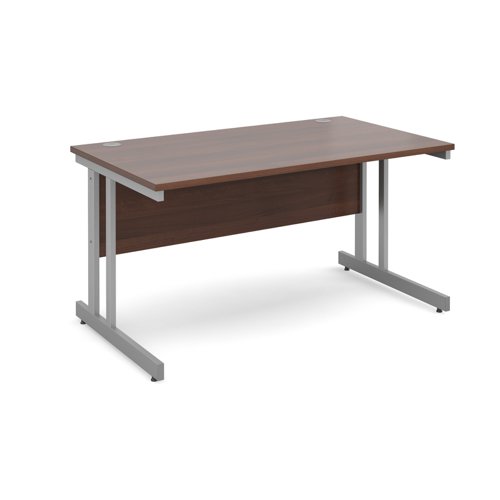 Momento straight desk 1400mm x 800mm - silver cantilever frame, walnut top