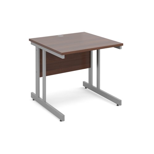 Momento straight desk 800mm x 800mm - silver cantilever frame, walnut top