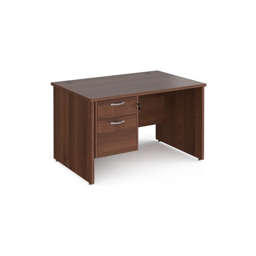 Maestro 25 straight desk 1200mm x 800mm with 2 drawer pedestal - walnut top with panel end leg  MP12P2W