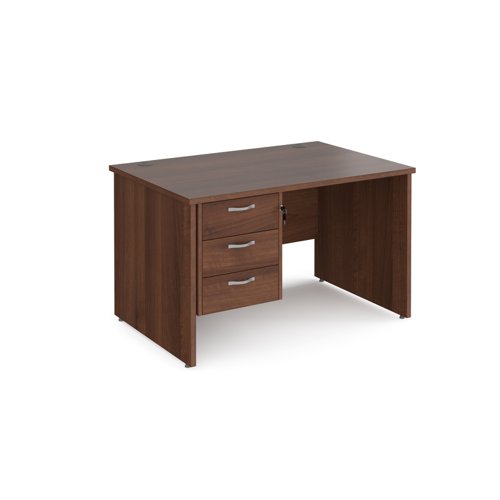 Maestro 25 straight desk 1200mm x 800mm with 3 drawer pedestal - walnut top with panel end leg  MP12P3W