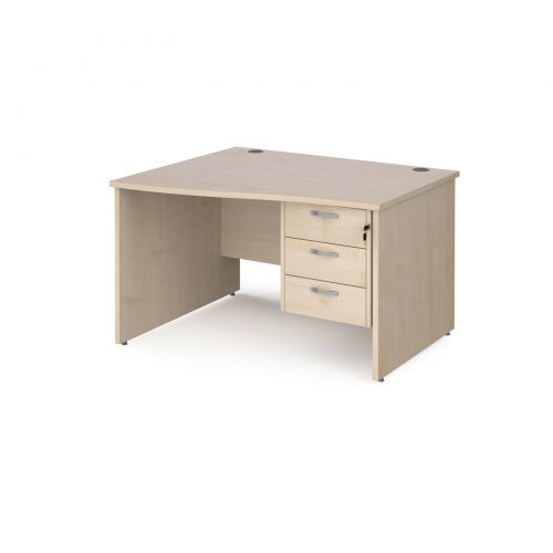 Maestro 25 left hand wave desk 1200mm wide with 3 drawer pedestal - maple top with panel end leg
