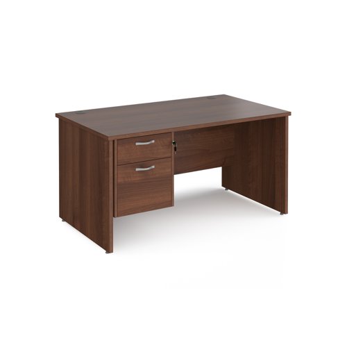 Maestro 25 straight desk 1400mm x 800mm with 2 drawer pedestal - walnut top with panel end leg | MP14P2W | Dams International