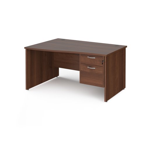 Maestro 25 left hand wave desk 1400mm wide with 2 drawer pedestal - walnut top with panel end leg  MP14WLP2W