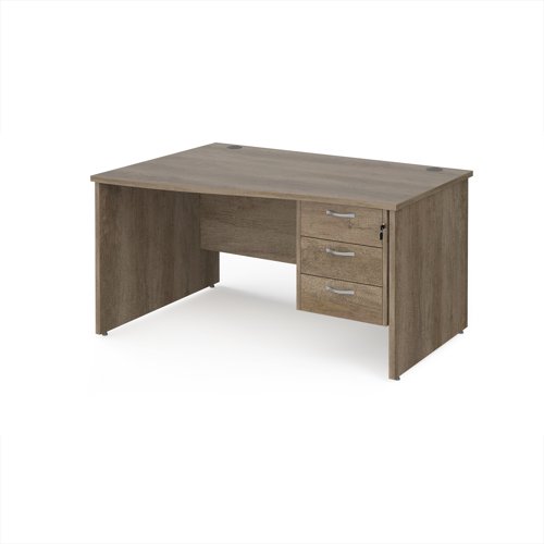 Maestro 25 left hand wave desk 1400mm wide with 3 drawer pedestal - nebraska oak top with panel end leg