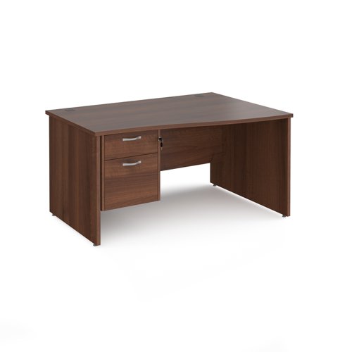 Maestro 25 right hand wave desk 1400mm wide with 2 drawer pedestal - walnut top with panel end leg  MP14WRP2W