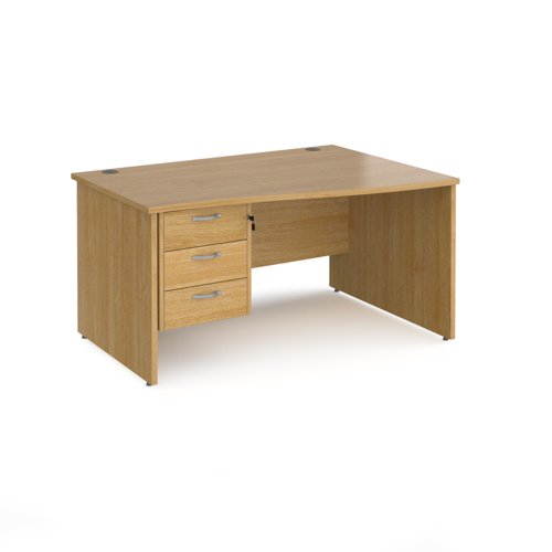 Maestro 25 right hand wave desk 1400mm wide with 3 drawer pedestal - oak top with panel end leg