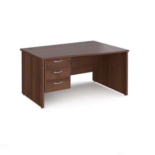 Maestro 25 right hand wave desk 1400mm wide with 3 drawer pedestal - walnut top with panel end leg