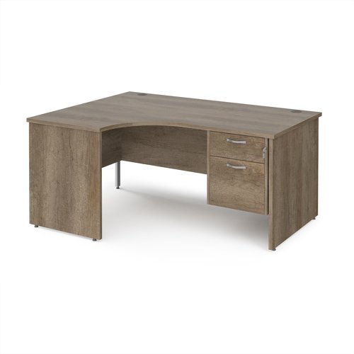 Maestro 25 left hand ergonomic desk 1600mm wide with 2 drawer pedestal - nebraska oak top with panel end leg