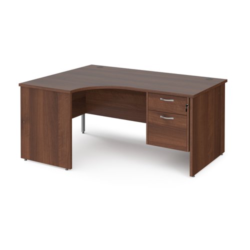 Maestro 25 left hand ergonomic desk 1600mm wide with 2 drawer pedestal - walnut top with panel end leg
