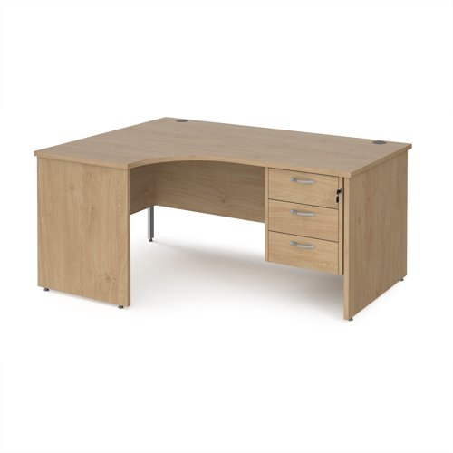 Maestro 25 left hand ergonomic desk 1600mm wide with 3 drawer pedestal - kendal oak top with panel end leg