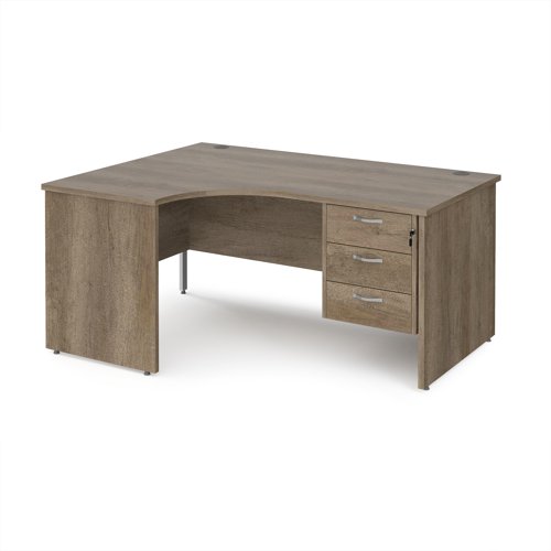 Maestro 25 left hand ergonomic desk 1600mm wide with 3 drawer pedestal - nebraska oak top with panel end leg