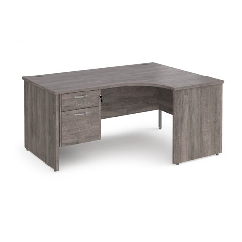 Maestro 25 right hand ergonomic desk 1600mm wide with 2 drawer pedestal - grey oak top with panel end leg