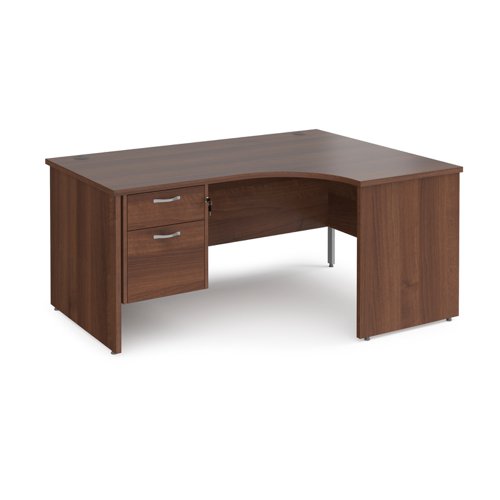 Maestro 25 right hand ergonomic desk 1600mm wide with 2 drawer pedestal - walnut top with panel end leg