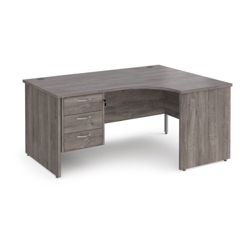Maestro 25 right hand ergonomic desk 1600mm wide with 3 drawer pedestal - grey oak top with panel end leg