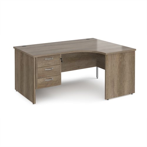 Maestro 25 right hand ergonomic desk 1600mm wide with 3 drawer pedestal - nebraska oak top with panel end leg