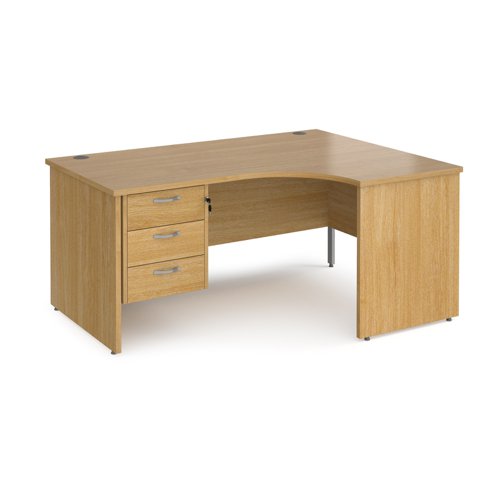 Maestro 25 right hand ergonomic desk 1600mm wide with 3 drawer pedestal - oak top with panel end leg