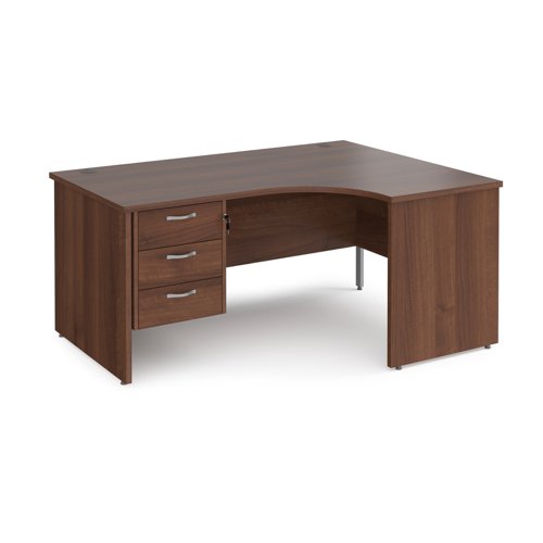 Maestro 25 right hand ergonomic desk 1600mm wide with 3 drawer pedestal - walnut top with panel end leg