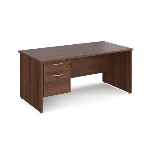 Maestro 25 straight desk 1600mm x 800mm with 2 drawer pedestal - walnut top with panel end leg