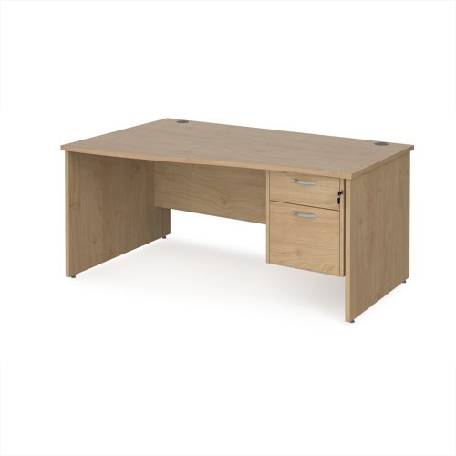 Maestro 25 left hand wave desk 1600mm wide with 2 drawer pedestal - kendal oak top with panel end leg